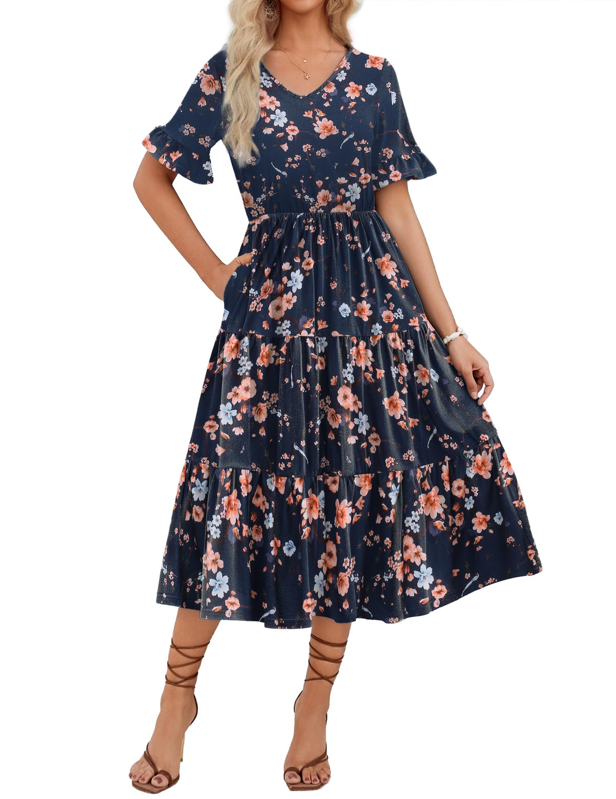 ZEAGOO Women's Summer Dresses Midi Tiered Casual Dress Floral V Neck Ruffle Short Sleeve Flowy Beach Dress with Pockets