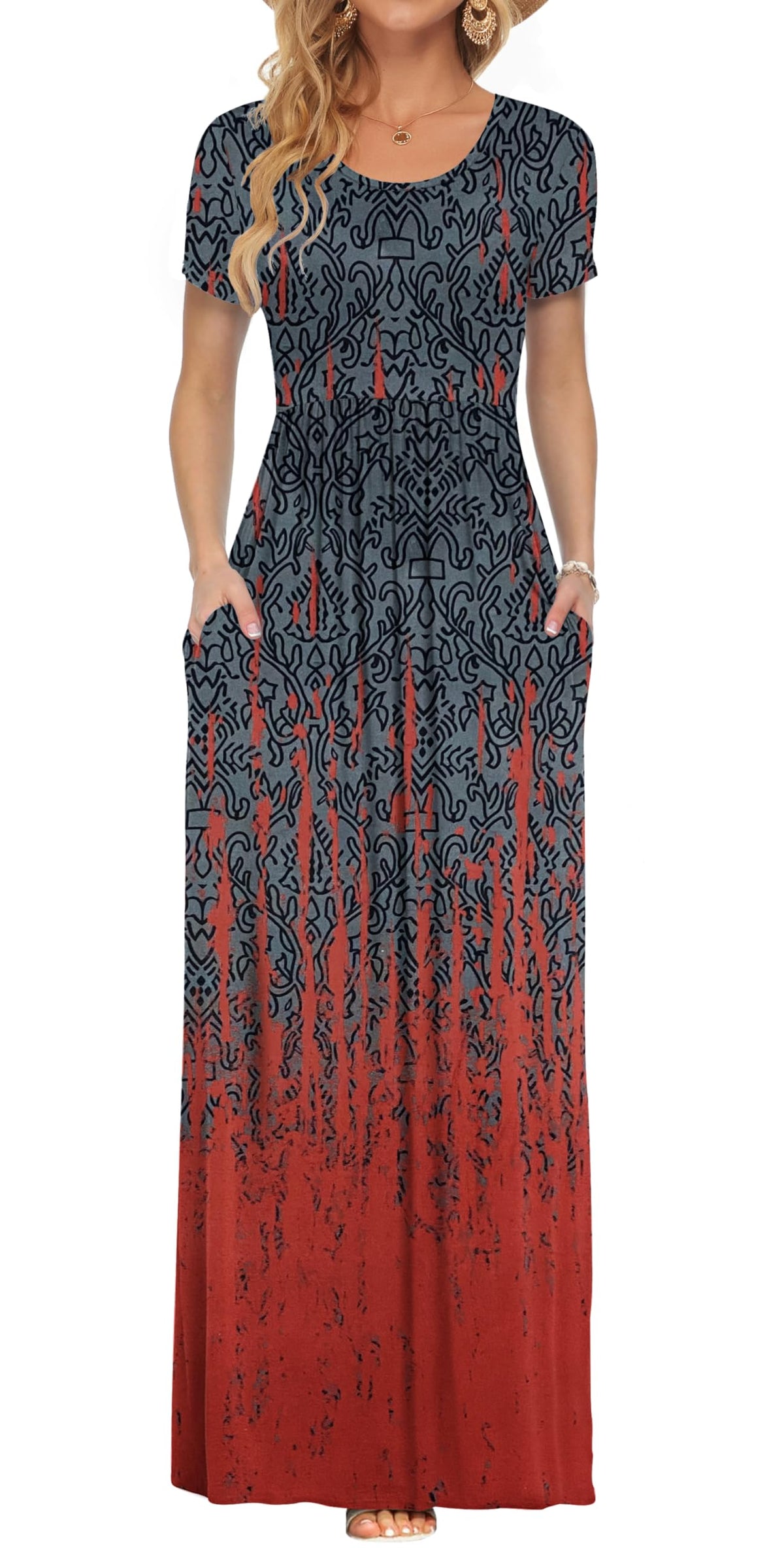 AUSELILY Women's Summer Short Sleeve Loose Plain Casual Long Maxi Dresses