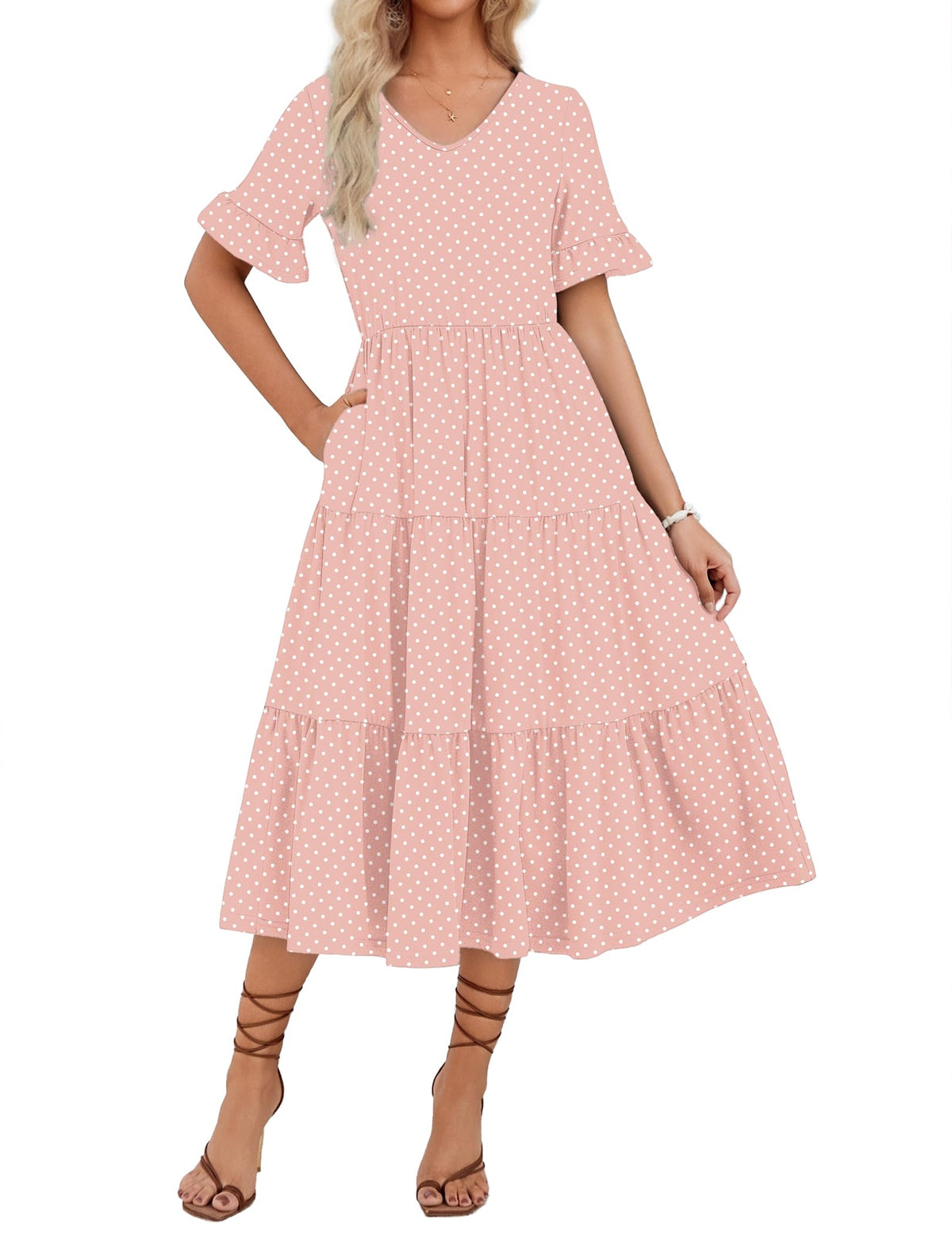 ZEAGOO Women's Summer Dresses Midi Tiered Casual Dress Floral V Neck Ruffle Short Sleeve Flowy Beach Dress with Pockets
