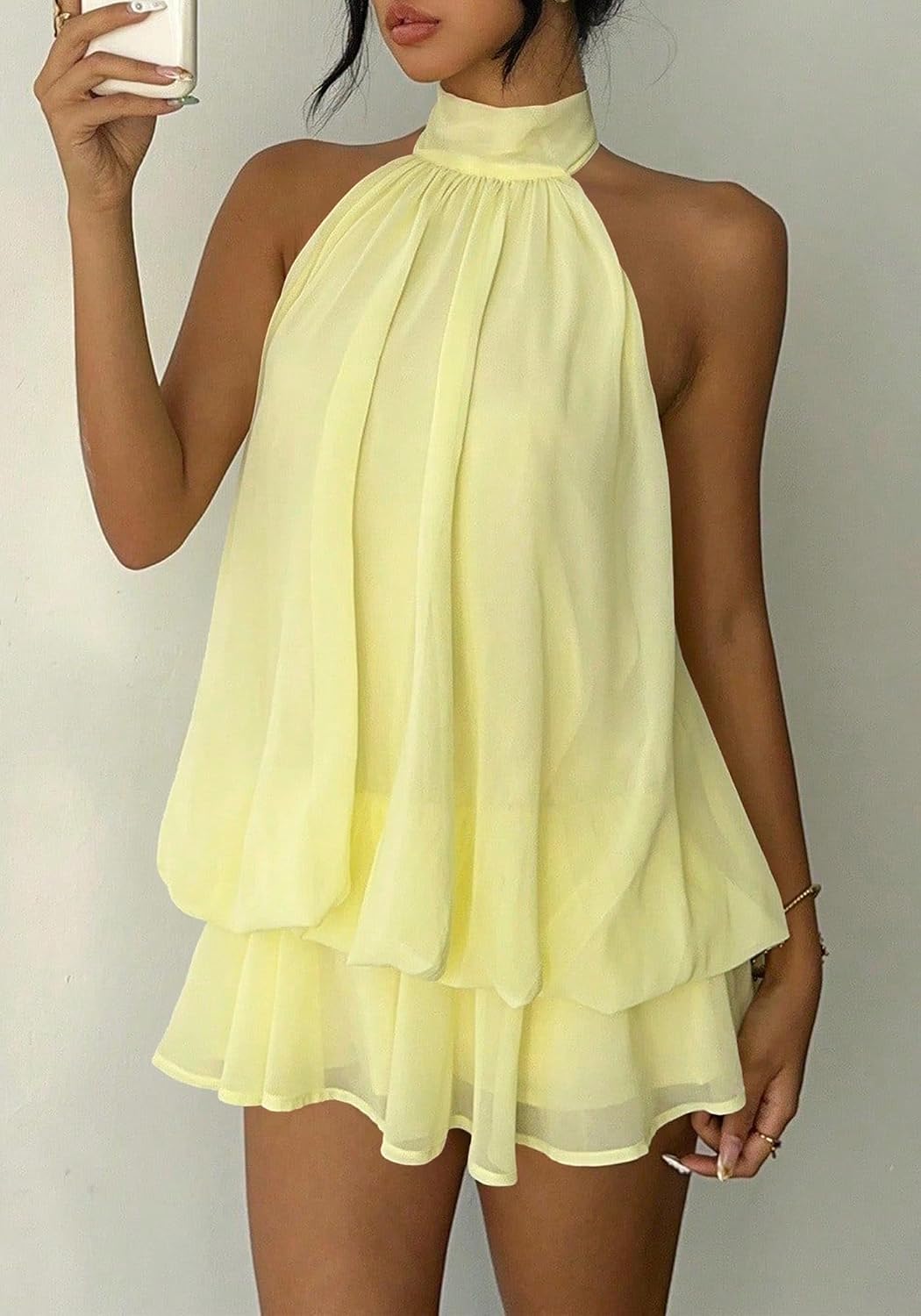 Women's Chiffon Halter Drop Waist Mini Dress Wedding Guest Dresses Ruffle Formal Holiday Club Brunch Outfits