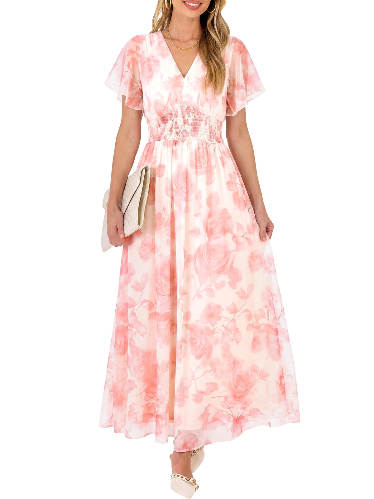 ANRABESS Women's Floral Tulle Wedding Guest Short Sleeve Maxi Dress