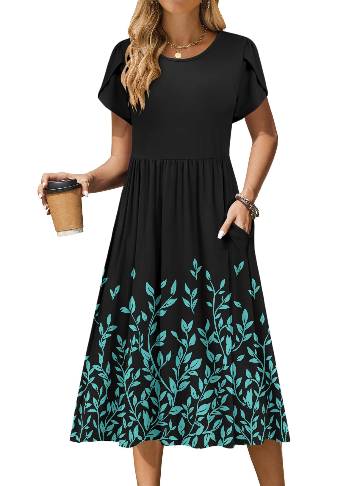 Zeagoo Womens Summer Dresses Casual Aline Midi Dress Short Sleeve Floral Tshirt Dress Flowy Beach Sundresses with Pockets