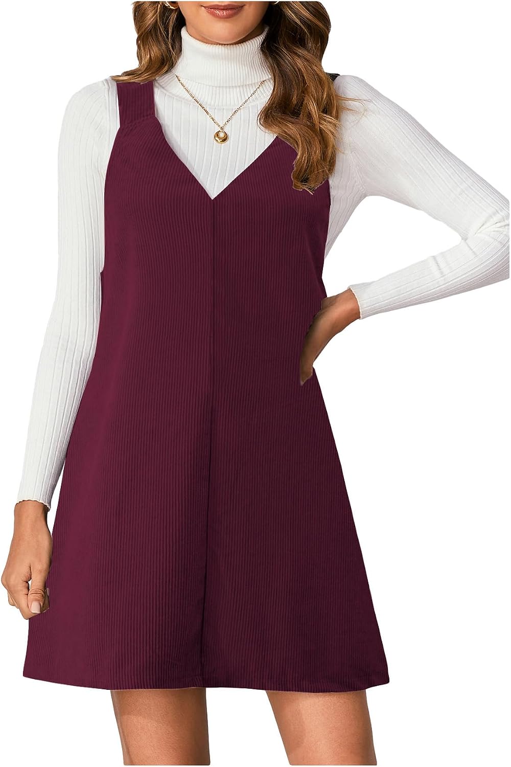 Milumia Women's V Neck Corduroy Overall Dress Mini Pinafore Jumper Dress