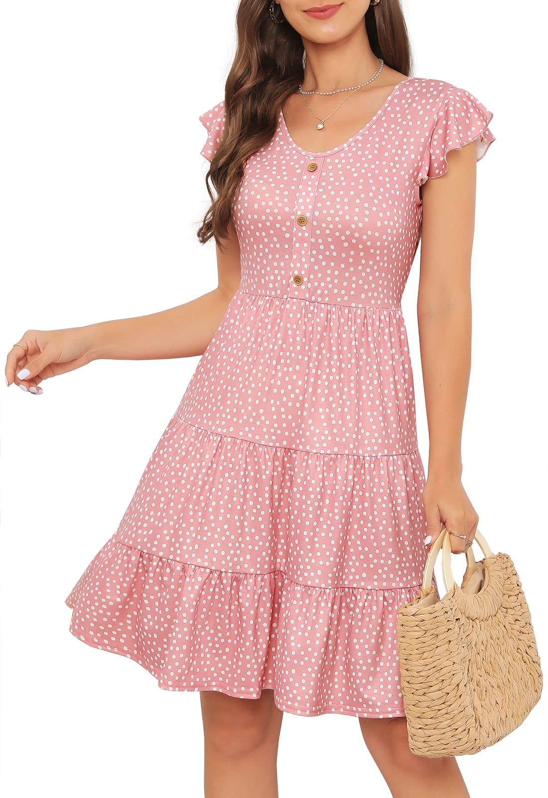 Lamilus Summer Dresses for Women 2026 Ruffle Sleeve V Neck Non-See Through Tiered Babydoll Mini Dress Graduation Beach