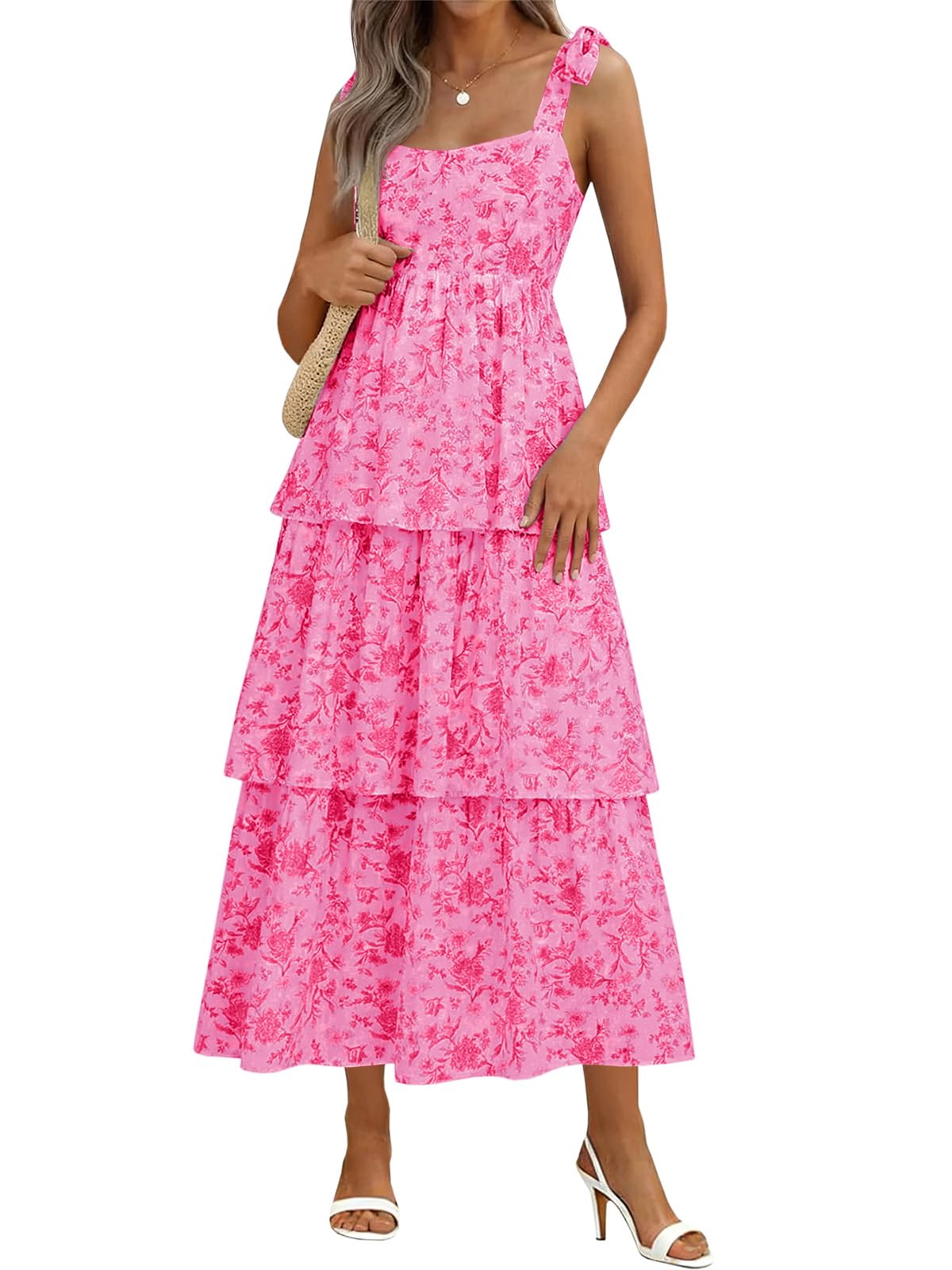 Wenrine Womens Summer Floral Maxi Dress Sleeveless Ruffle Smocked Sundress