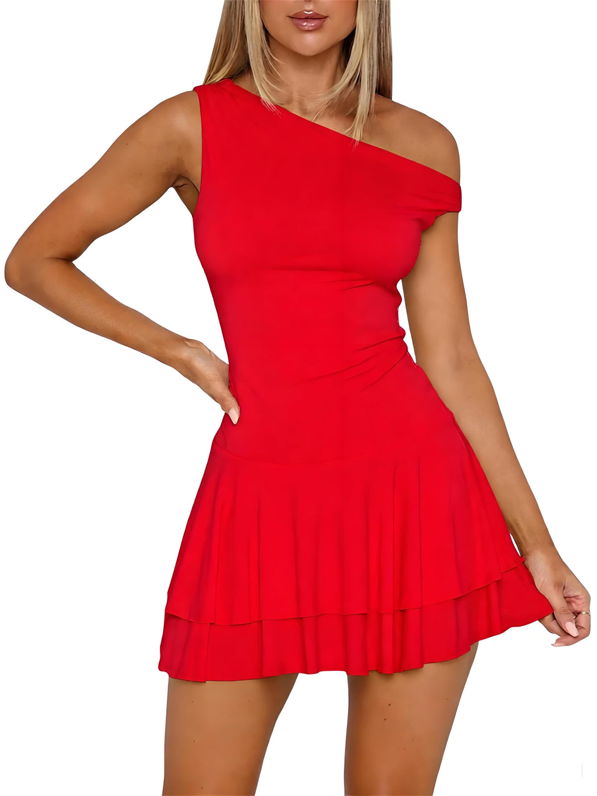 ForeFair Women's Sexy Off Shoulder Bodycon Mini Dresses Sleeveless Ruffle Hem Party Club Short Dress