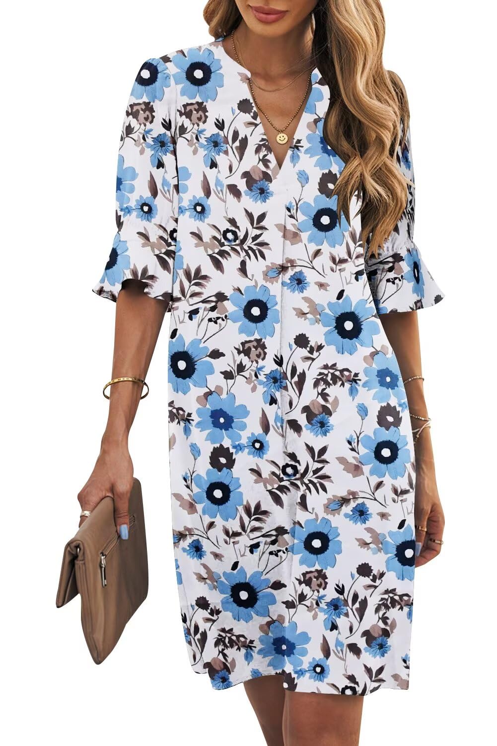 Wkior Womens Summer Ruffle Short Sleeve V Neck Shift Dress
