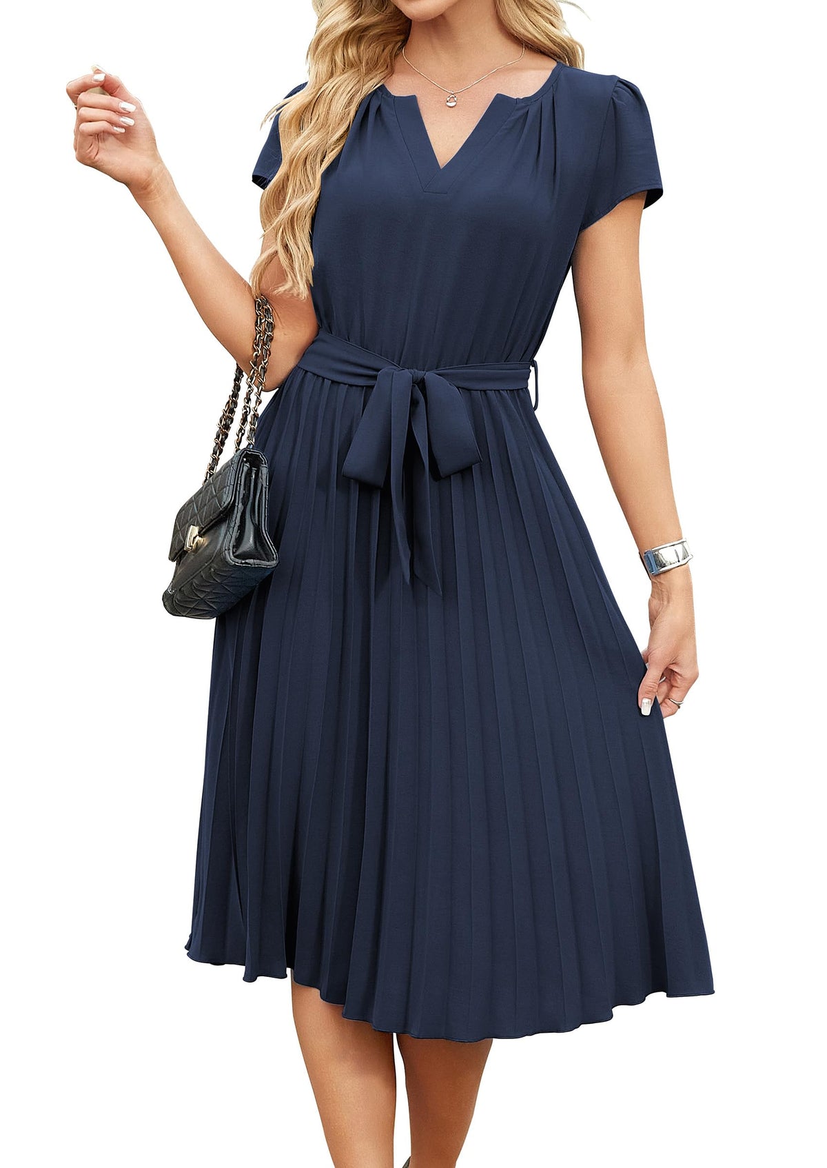ECOWISH Womens Casual Midi Dresses Solid V Neck Short Sleeve Button Shirt Belted Dress with Pockets for Spring Summer 2026