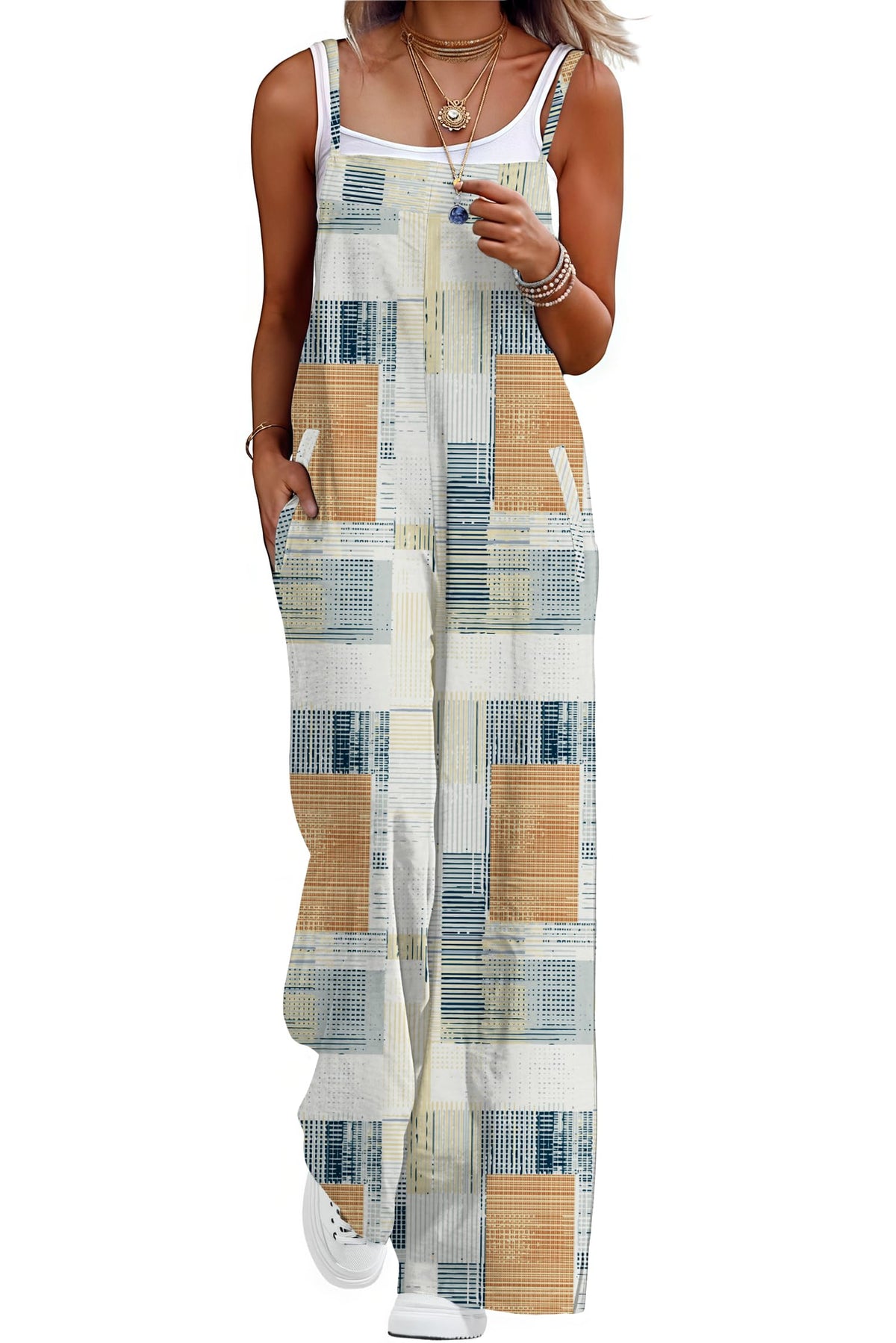 Lepunuo Womens Casual Loose Jumpsuits Summer Boho Wide Leg Rompers Sleeveless Overalls with Pockets