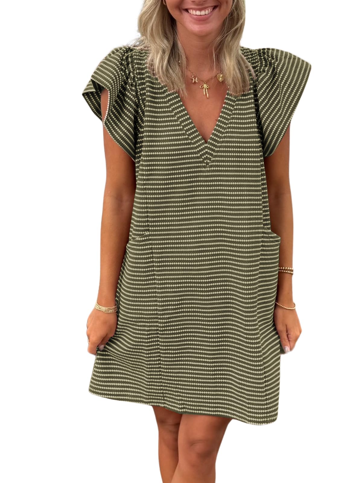 Mieazom Striped V-Neck Mini Dress for Women Puff Sleeve Casual Dress with Pockets, Comfortable & Stylish for Summer