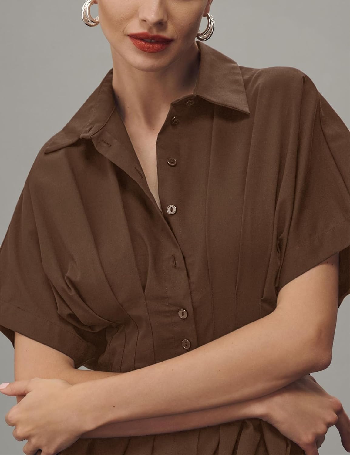 Yeokou Shirt Dress for Women Summer Casual Short Sleeve Button Down Loose Pleated Maxi Sundress with Pockets