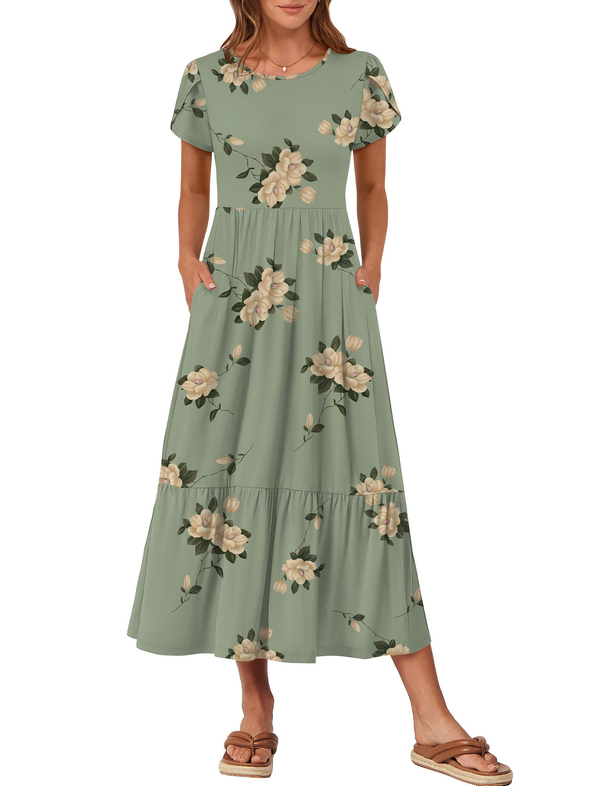 ANRABESS Womens Summer Petal Short Sleeve Maxi Dress with Pockets
