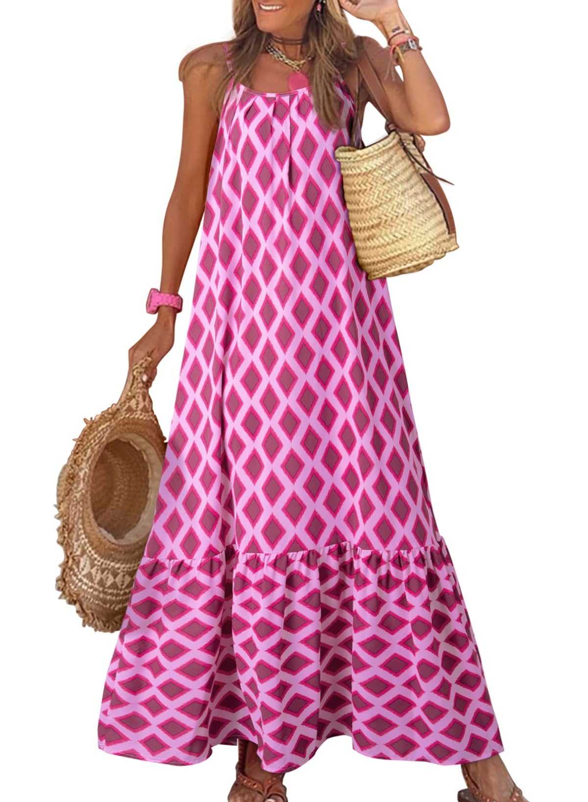 Dokotoo Women Summer Dresses Scoop Neck Ruffle Flowy Boho Maxi Dress