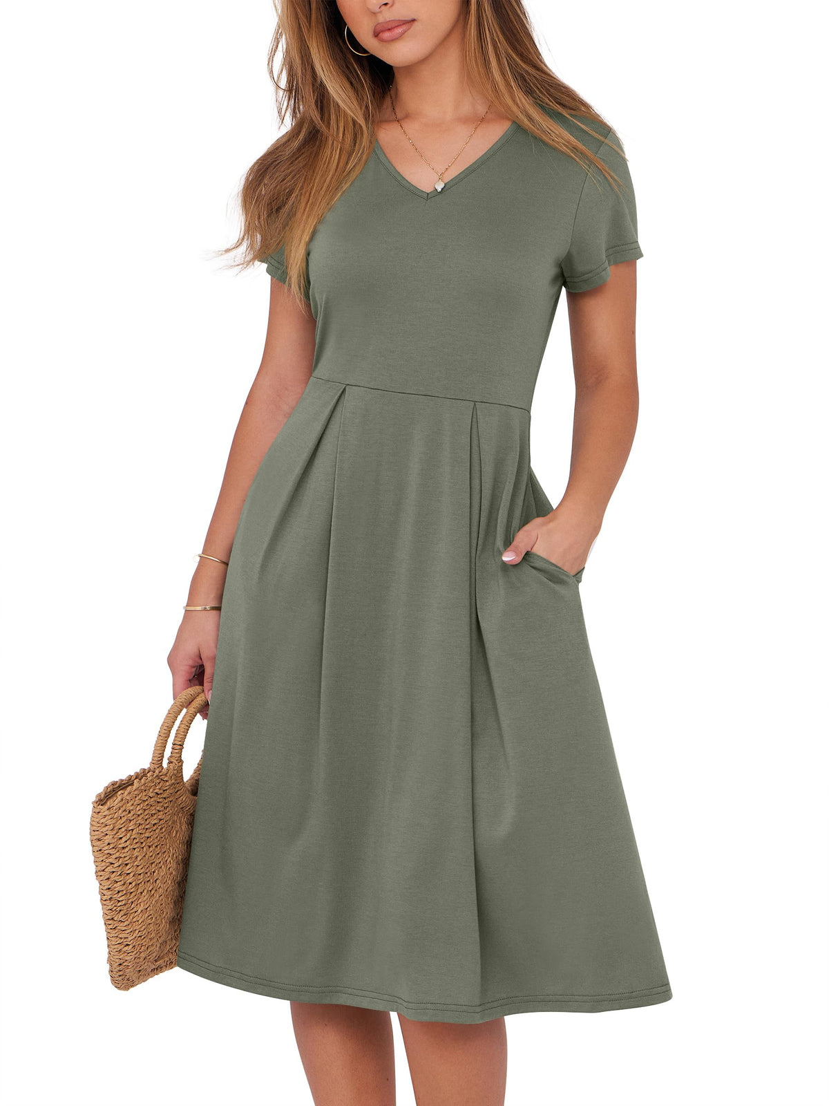 ANRABESS Women Summer Dress Casual Short Sleeve V Neck A-Line Knee Length Pleated Flowy 2026 Fashion Midi Dresses with Pocket