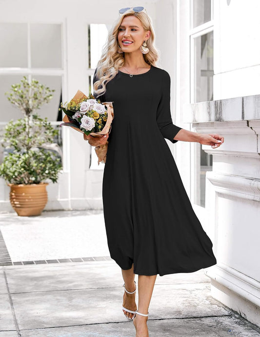 HOTOUCH Women's 3/4 Sleeve A-line and Flare Midi Long Dress