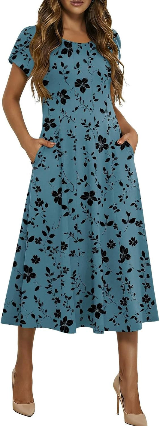 HOTOUCH Summer Dresses for Women 2026 Casual Midi Dress Petal Short Sleeve A Line Dress Pleated Flare Sundress