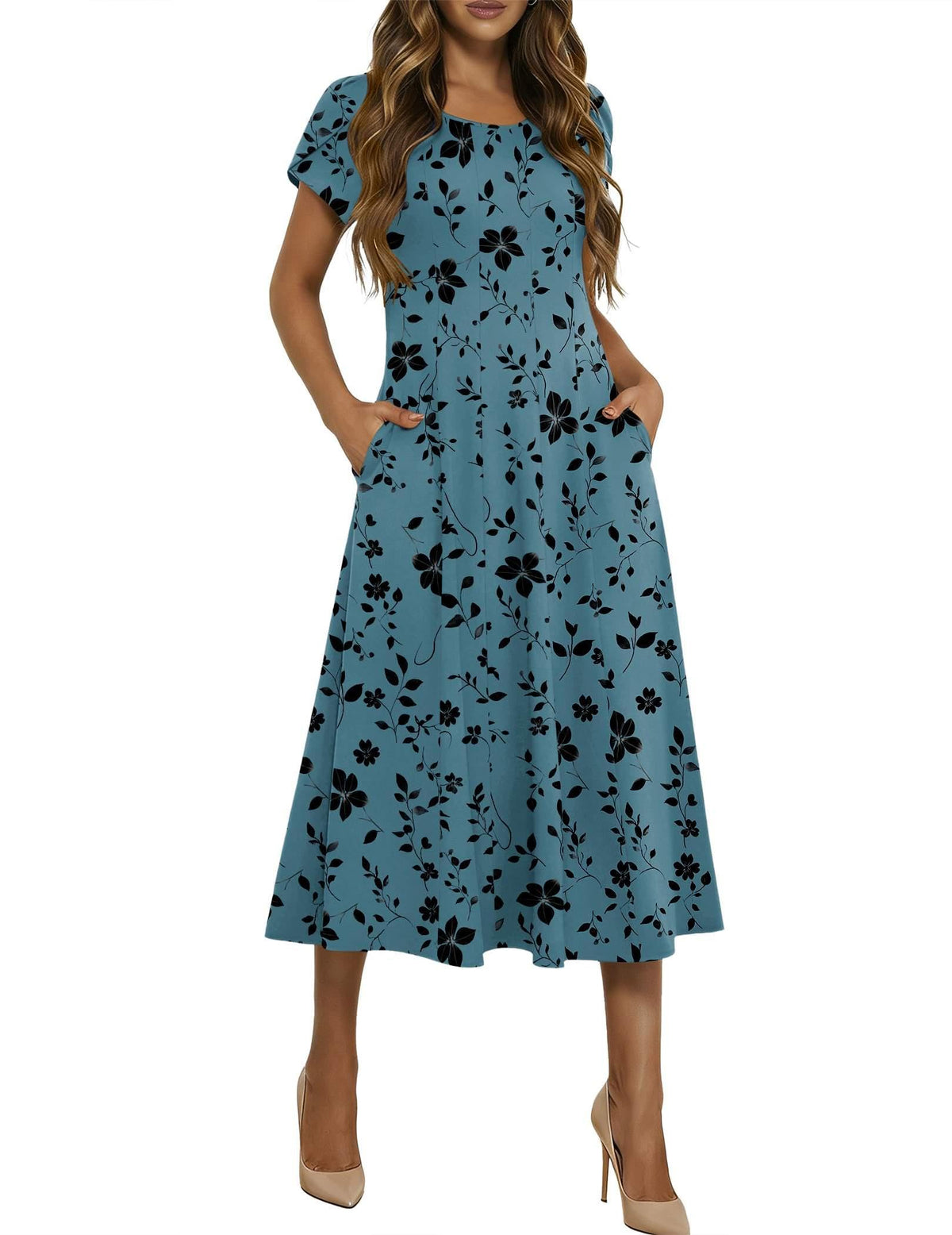HOTOUCH Summer Dresses for Women 2026 Casual Midi Dress Petal Short Sleeve A Line Dress Pleated Flare Sundress