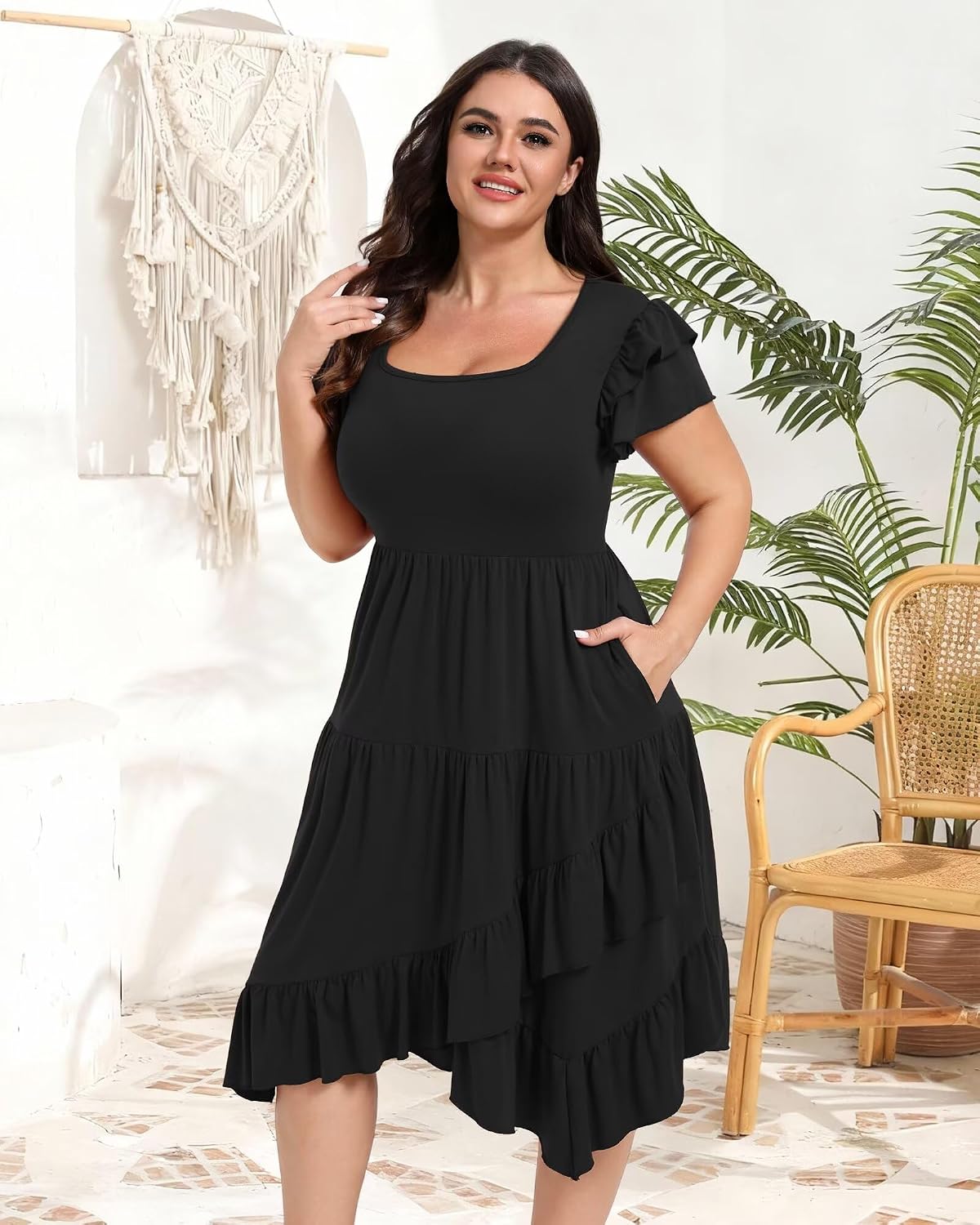 Womens Plus Size Casual Dress Square Neck Double Ruffle Short Sleeves 2 Pockets Ruffled Hem Flowy Dresses