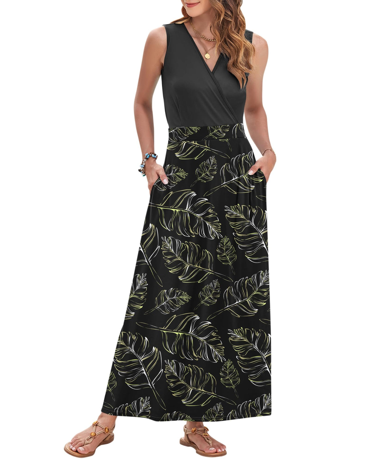 AUSELILY Womens Maxi Dress Summer Sleeveless Wrap Long Dresses with Pockets