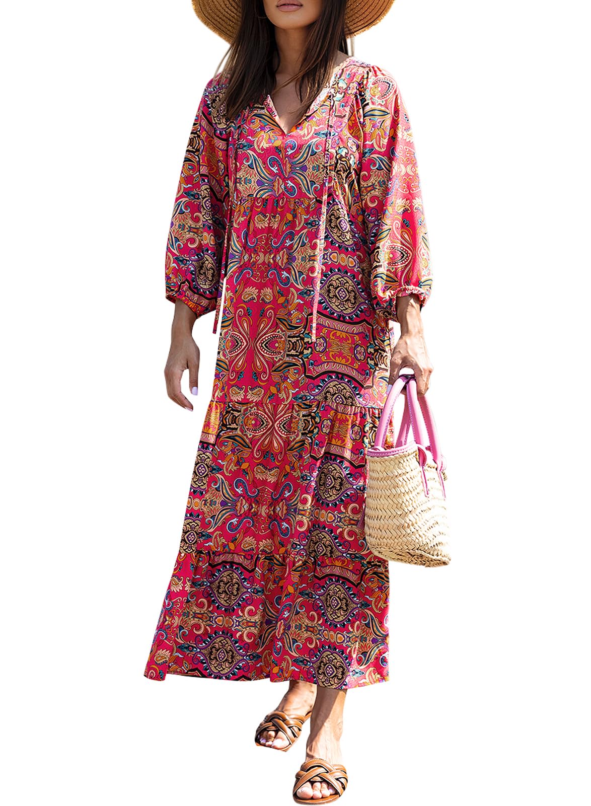 miduo Womens Casual V Neck Half Sleeve Bohemian Geometric Maxi Long Dresses