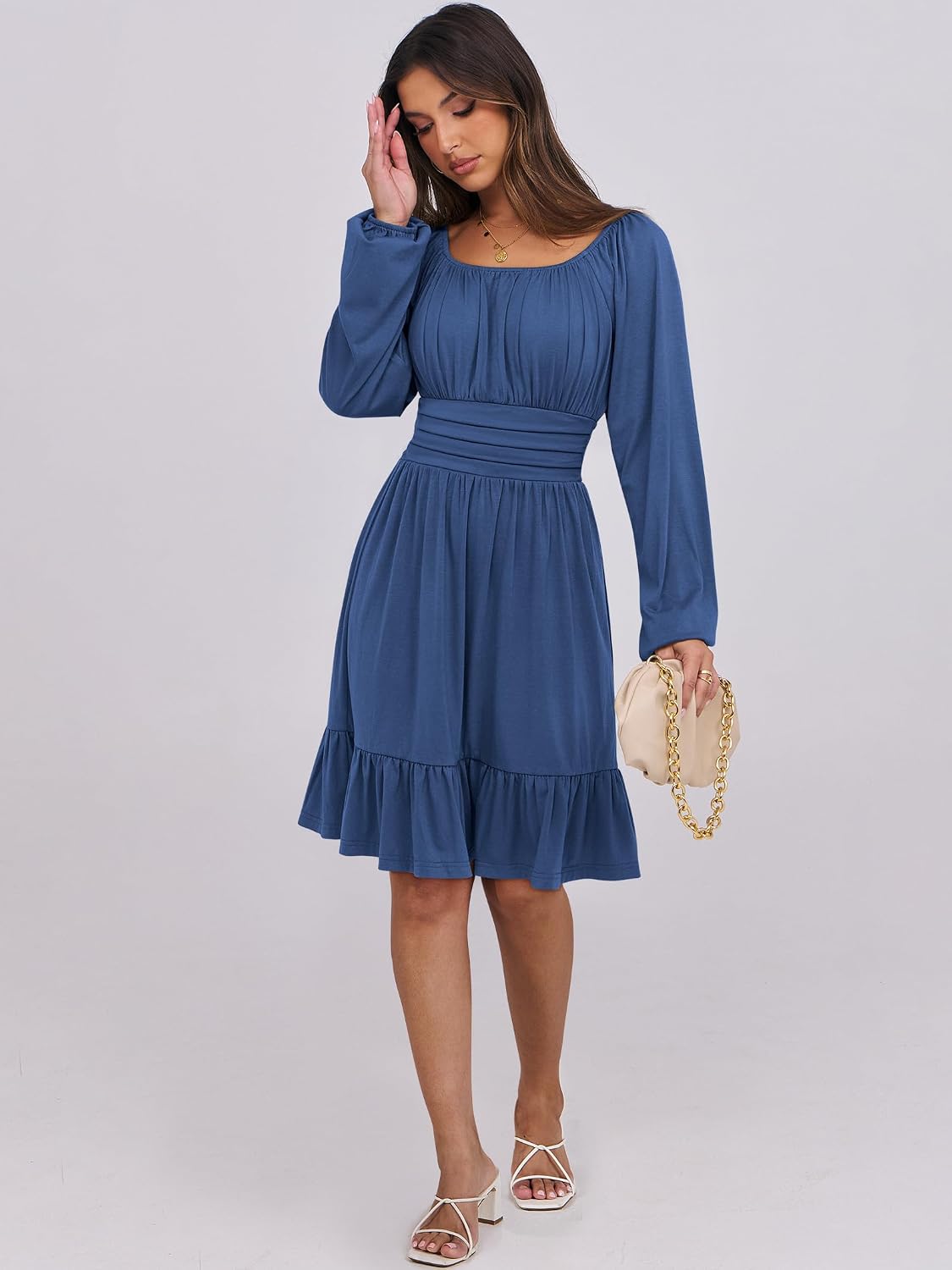 ANRABESS Women Long Lantern Sleeve Square Neck Fall Short Dress