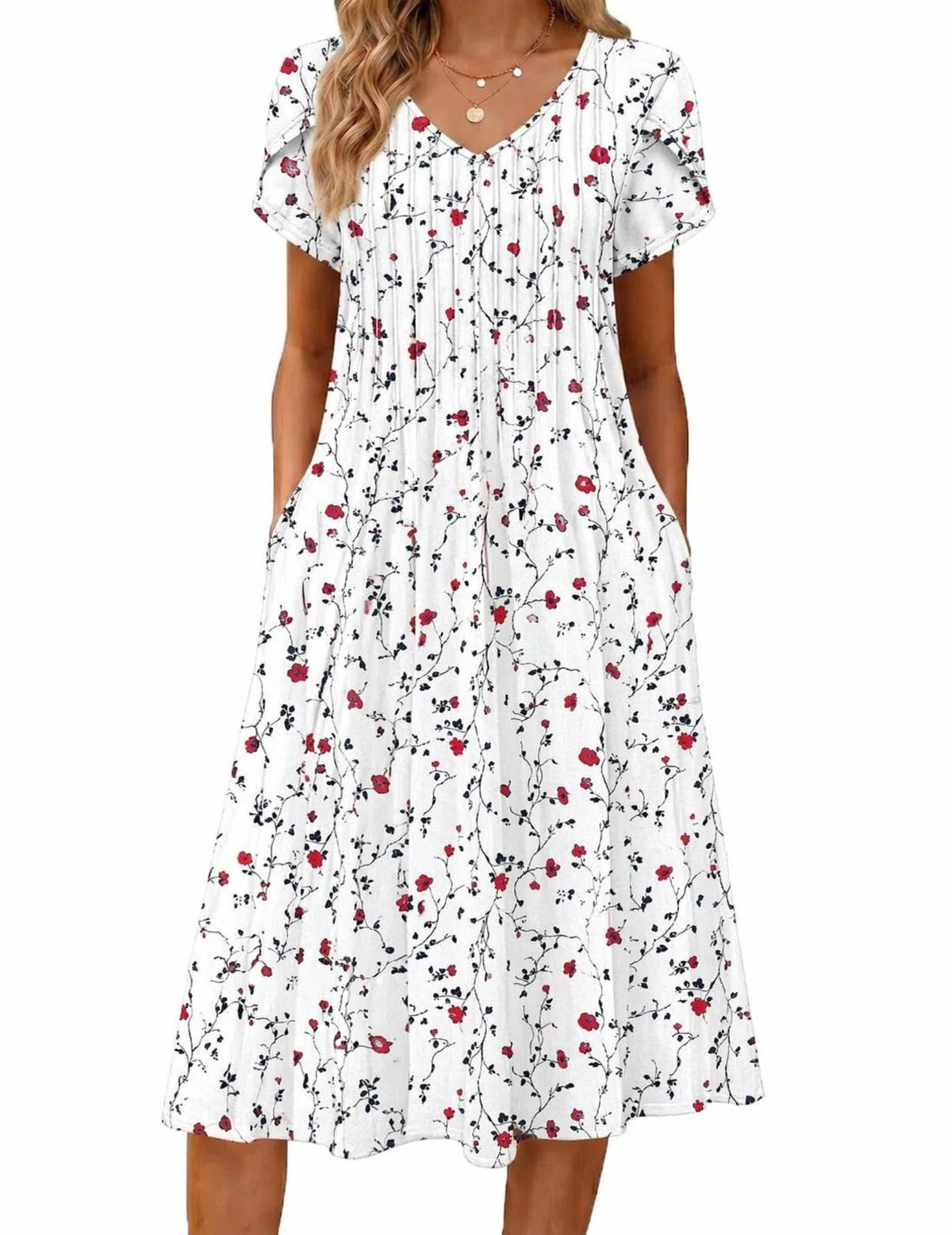 Zeagoo Womens Casual Summer Dress 2026 Short Sleeve Dresses Pleats Midi A Line Flowy Dress Boho Beach Sundress with Pockets