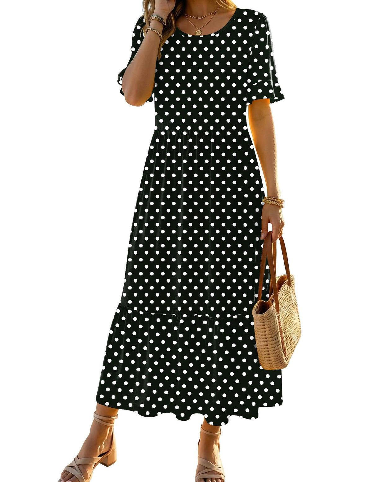 Zeagoo Womens Summer Dresses 2026 Casual Midi Dress Flowy Sundress Ruffle Short Sleeve Tiered Dresses A Line Boho Dress
