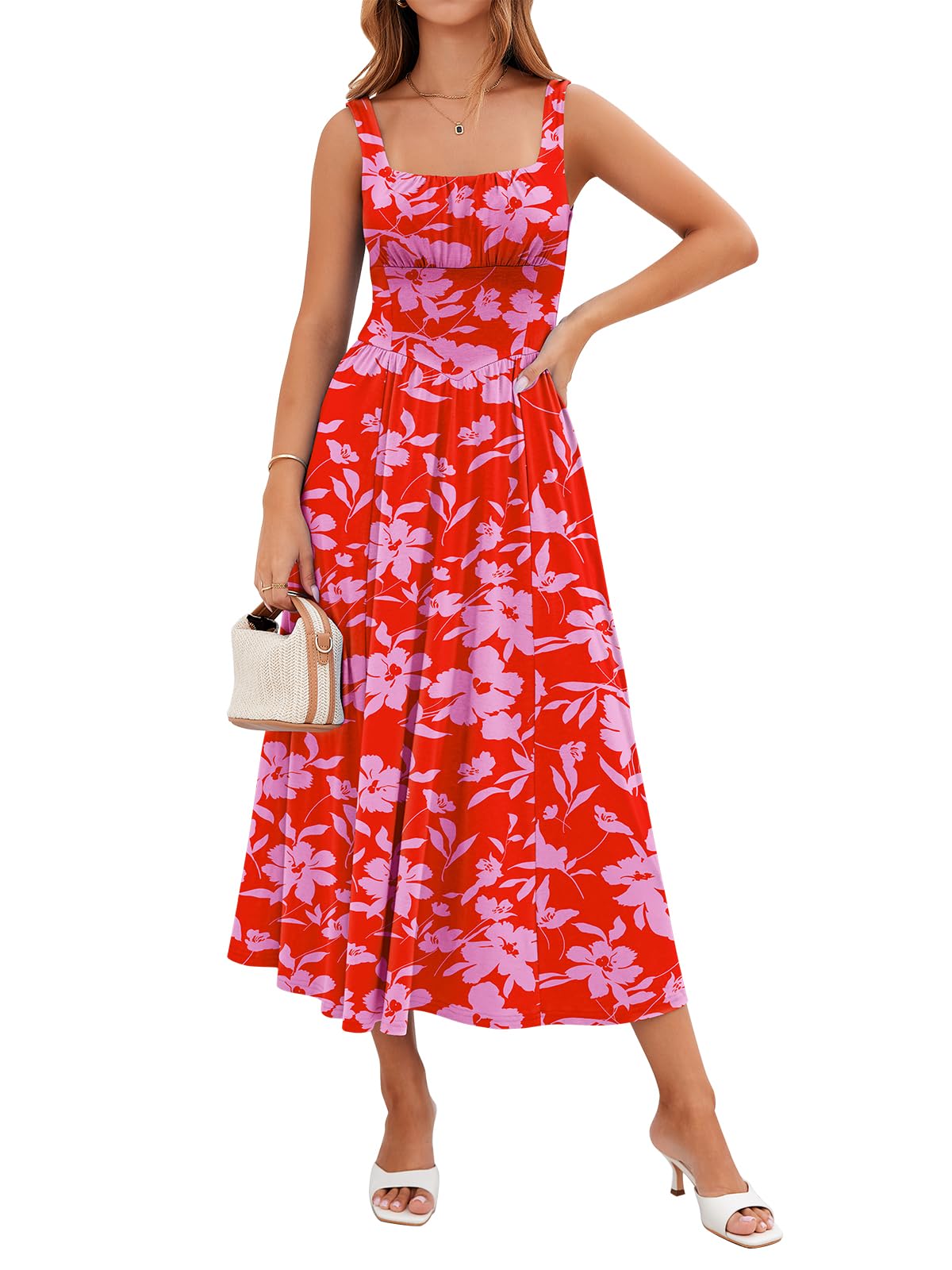 YIOYOLA Womens Casual Summer Dress with Pockets | Sleeveless Square Neck Flowy A-Line Midi Sundress for Beach & Wedding Guest