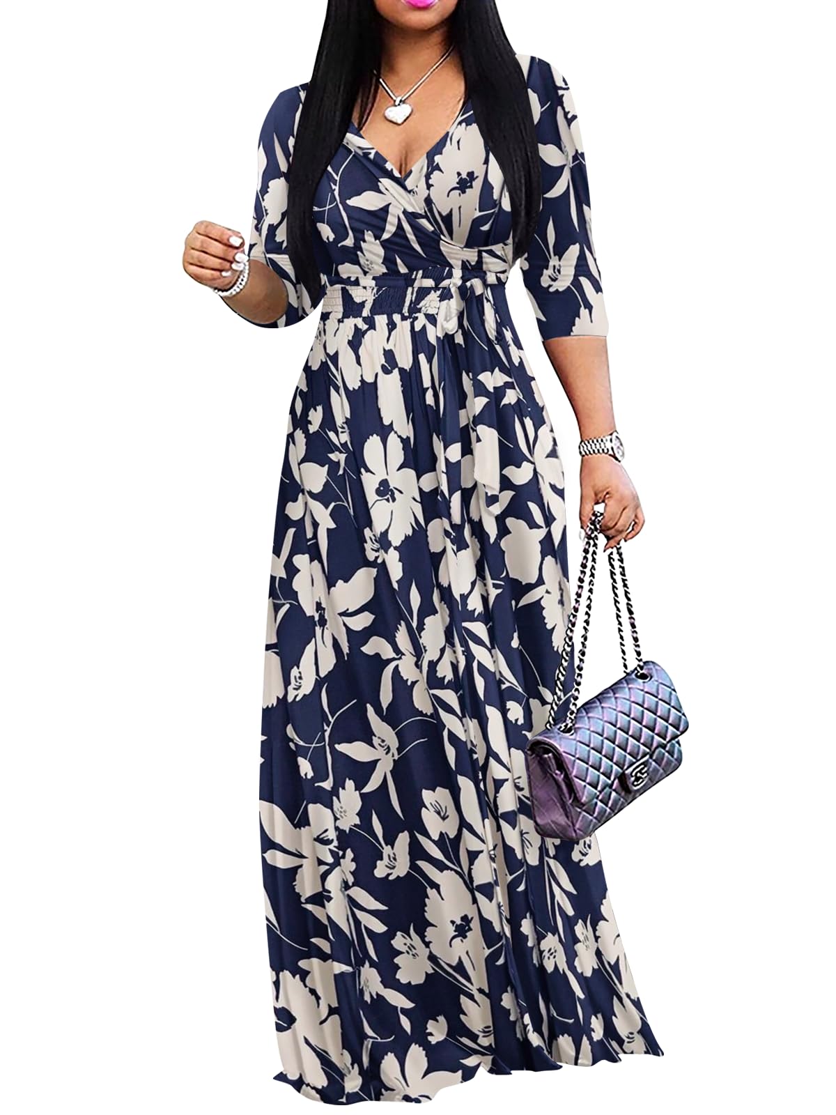 Yajedo Womens Casual Summer Maxi Dress Plus Size Sexy Wrap V Neck 3/4 Sleeve Sundress with Pockets