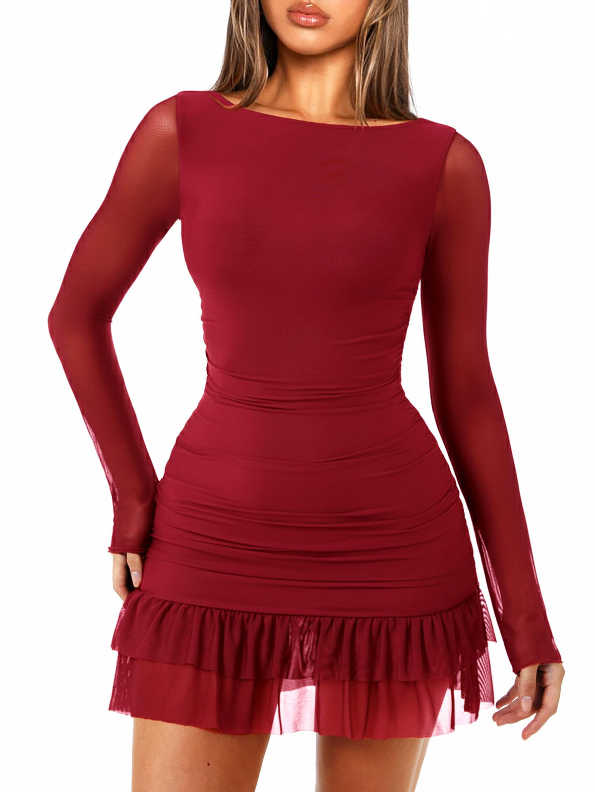 OZICERD Women Boat Neck Bodycon Mini Dresses Long Sleeve Going Out Dress Ruffle Mesh Short Elegant Club Cocktail Party Dress