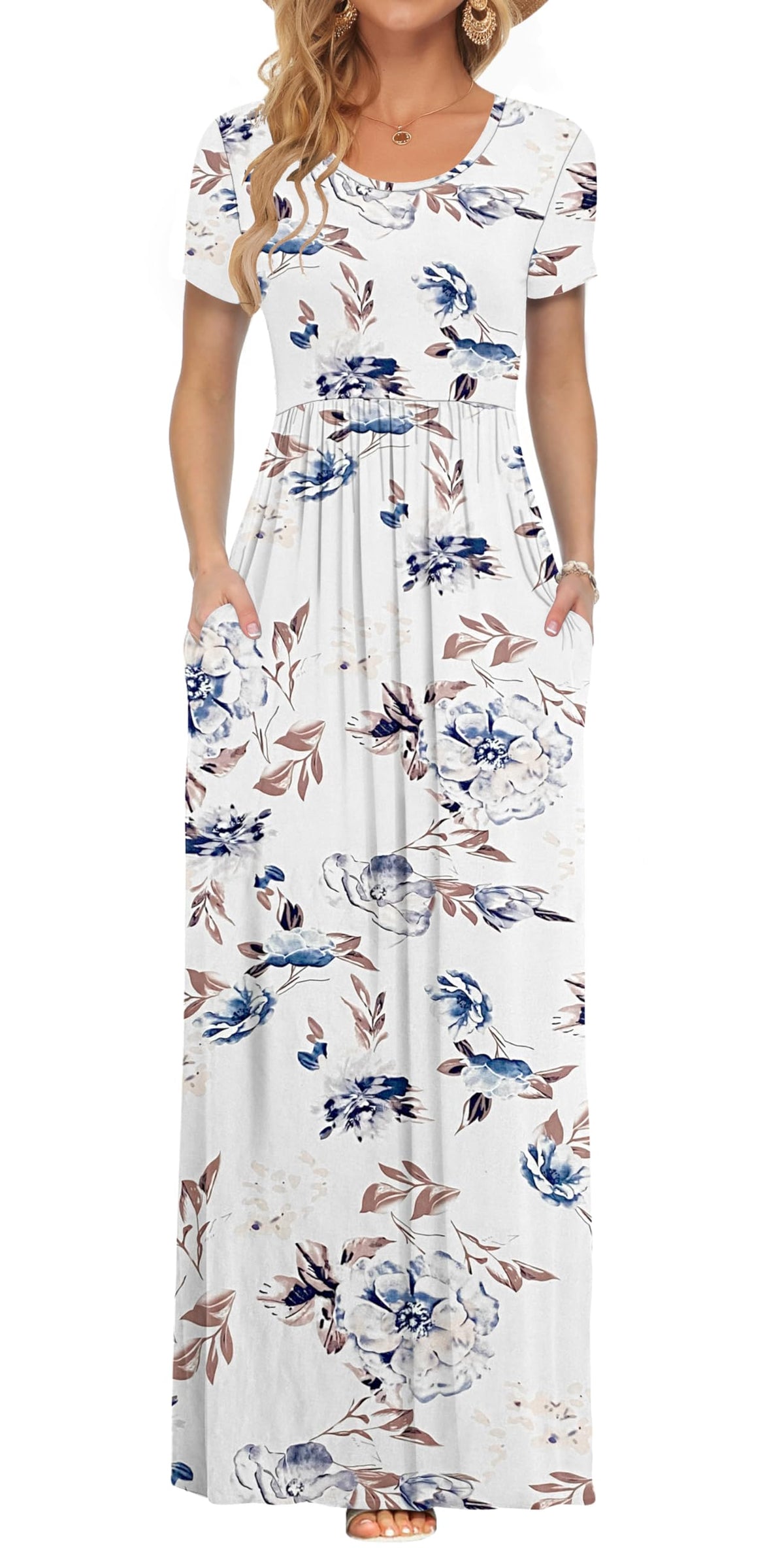 AUSELILY Women's Summer Short Sleeve Loose Plain Casual Long Maxi Dresses