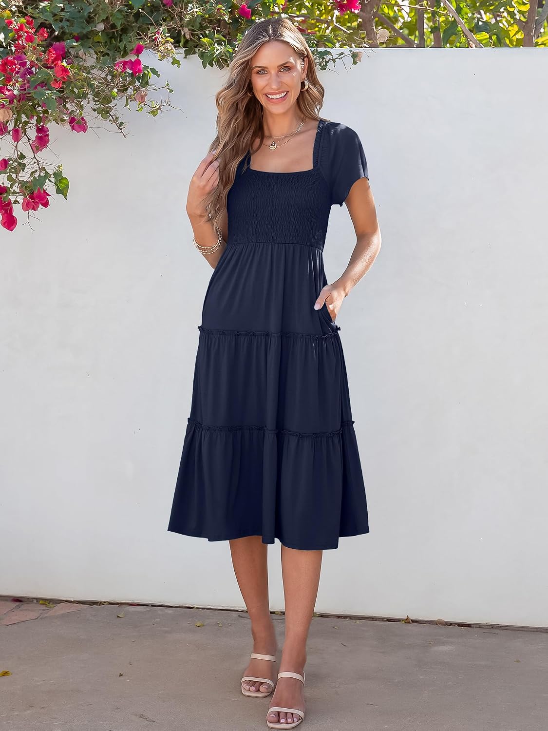 ANRABESS Women Summer Casual Square Neck Flutter Sleeve Boho Smocked A-Line Flowy Tiered Modest Midi Sun Dress with Pockets
