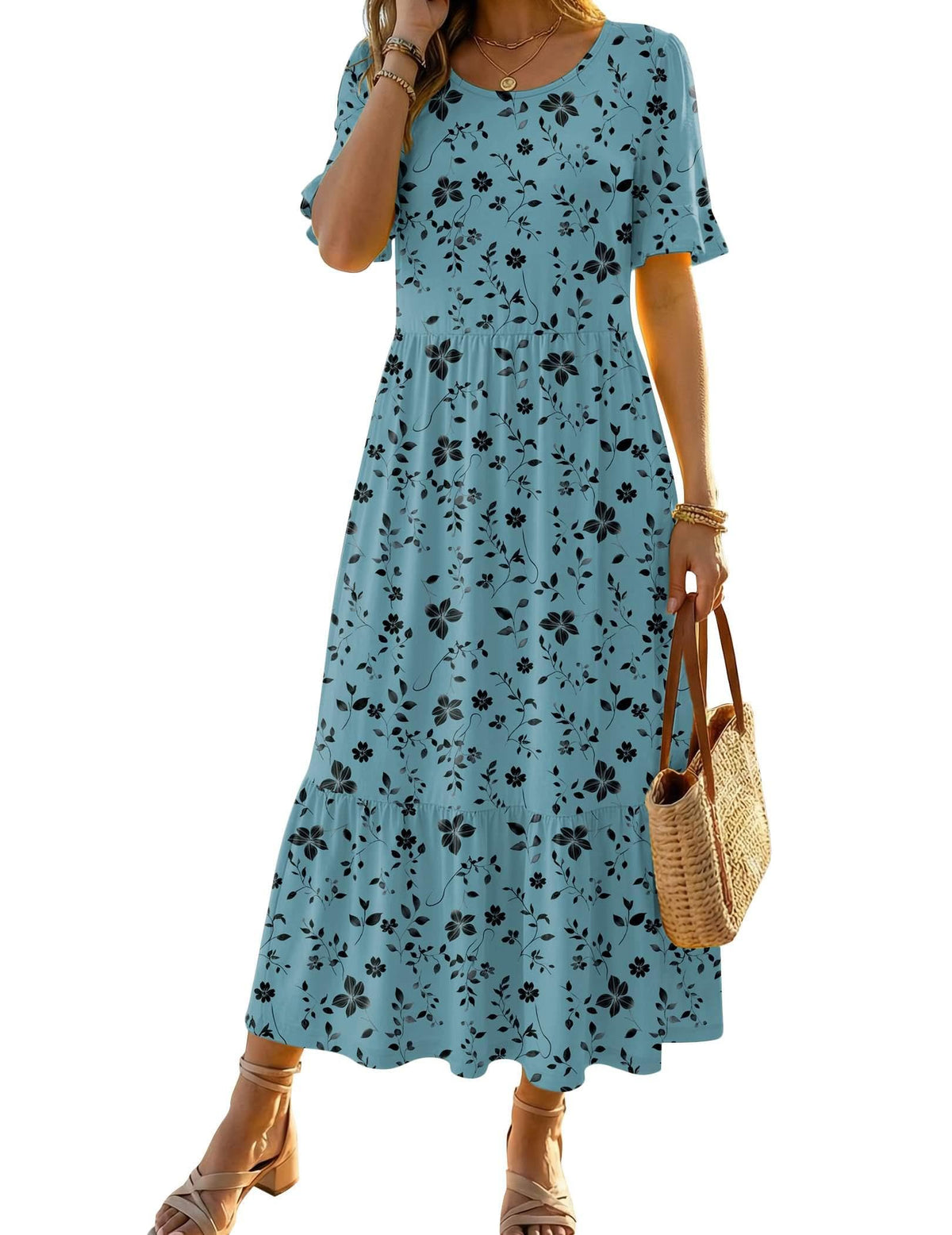 Zeagoo Womens Summer Dresses 2026 Casual Midi Dress Flowy Sundress Ruffle Short Sleeve Tiered Dresses A Line Boho Dress