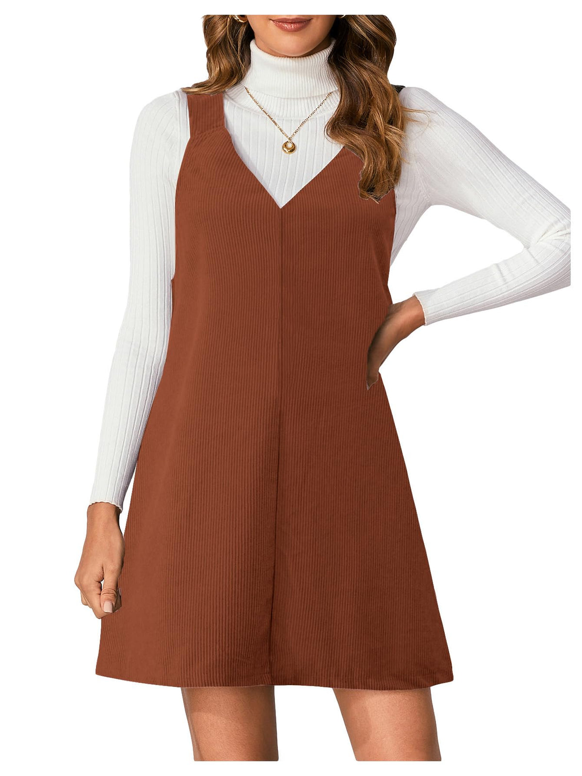 Milumia Women's V Neck Corduroy Overall Dress Mini Pinafore Jumper Dress
