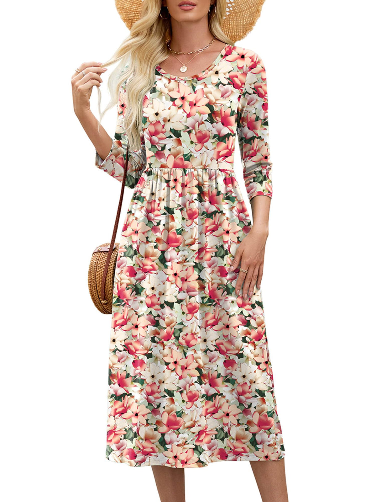 Heymoments Women's Casual 3/4 Sleeve Midi Dress with Pockets