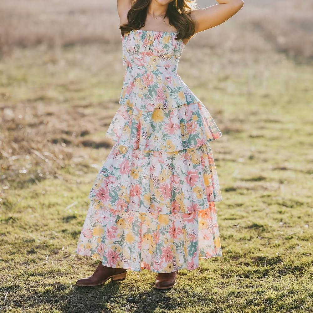 ABYOVRT Women Floral Maxi Dress Sleeveless Bow Back Tiered Boho Flowy Long Dresses Summer Fall