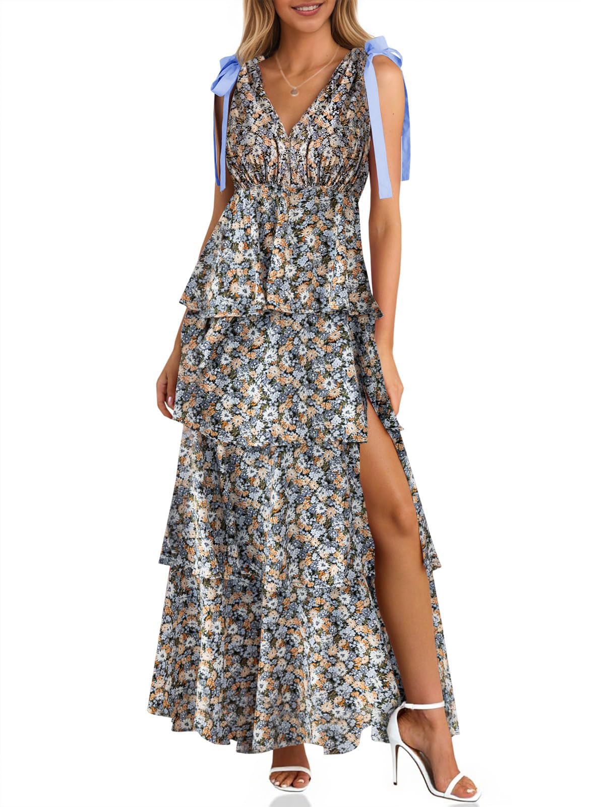 Wenrine Womens Elegant Wedding Guest Dress Floral Ruffle Maxi Dresses