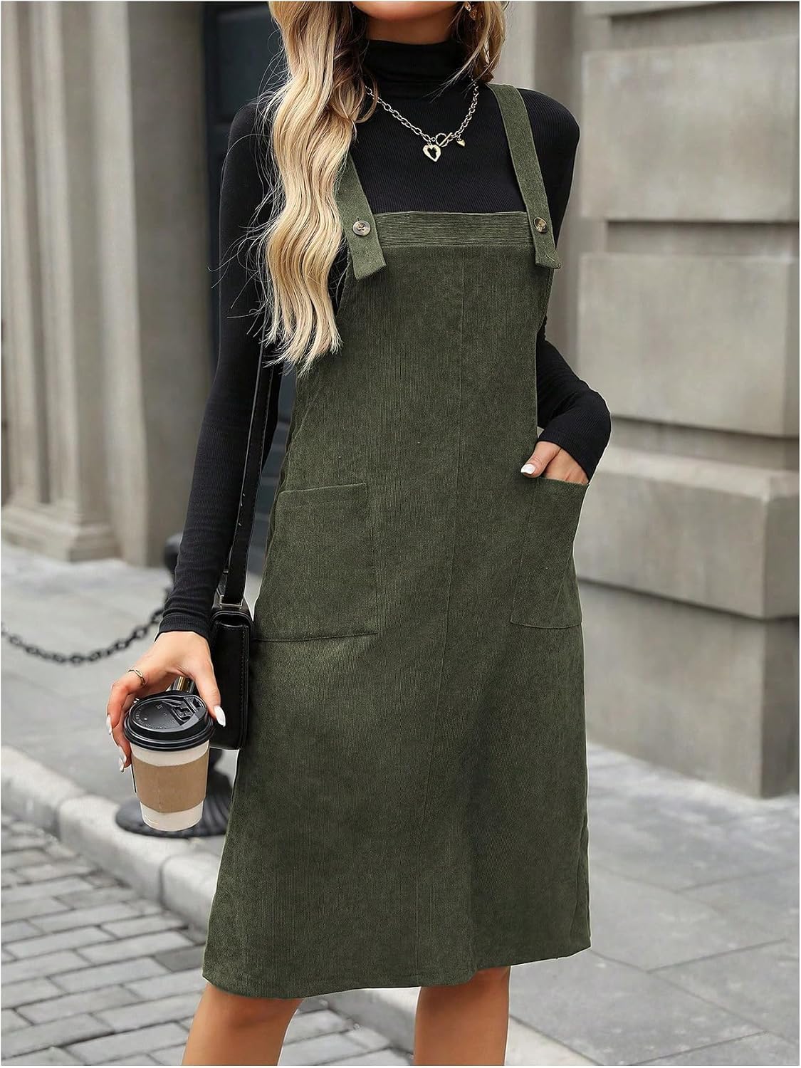 SOLY HUX Women's Sleeveless Corduroy Overall Dress Knee Length Dresses