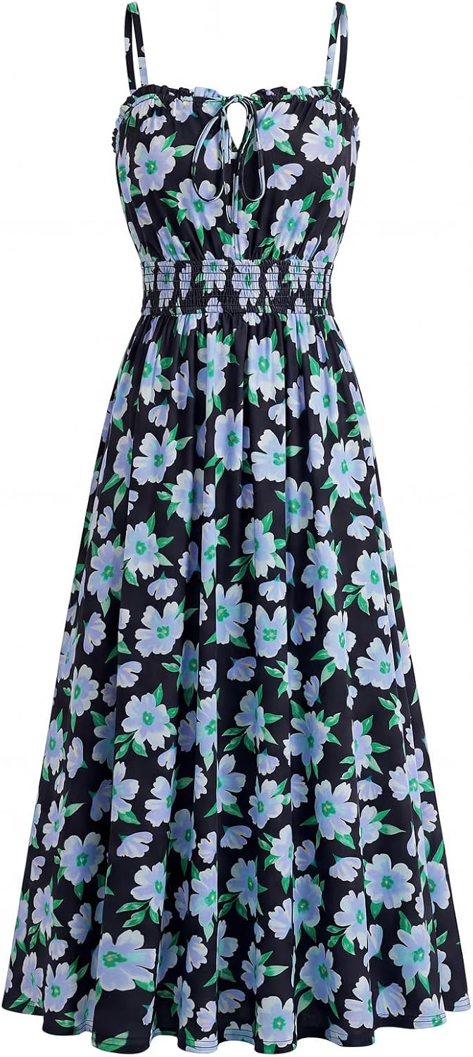GRACE KARIN 2026 Women's Hawaiian Midi Sundress Summer Vacation Spaghetti Floral Clothes Boho Casual Dresses with Pockets
