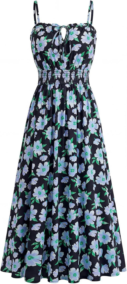 GRACE KARIN 2026 Women's Hawaiian Midi Sundress Summer Vacation Spaghetti Floral Clothes Boho Casual Dresses with Pockets