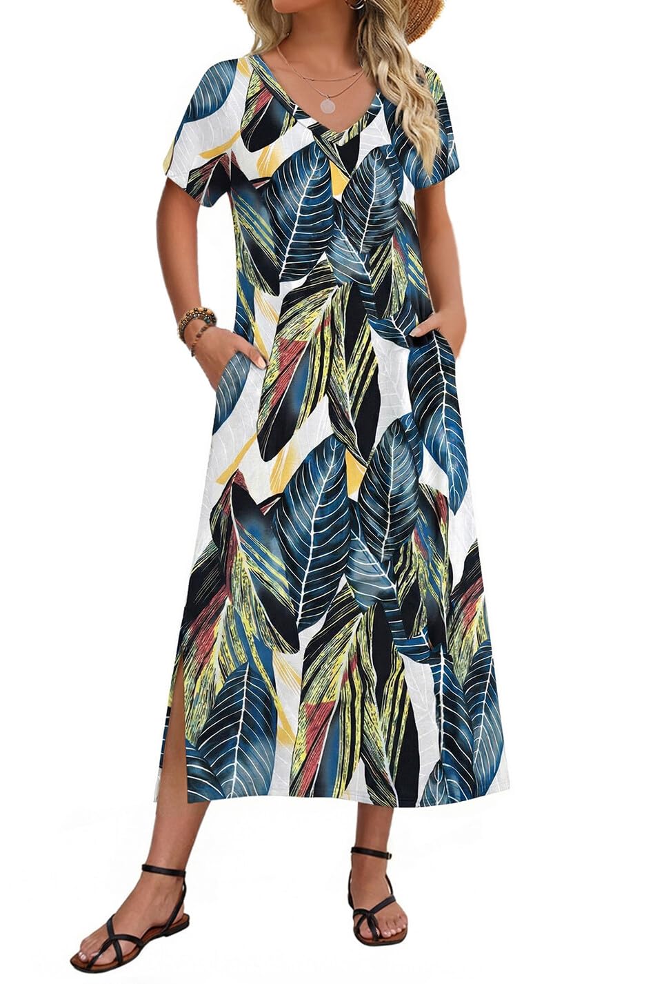 Zeagoo Women Summer Floral Dress Short Sleeve Beach Dress with Pockets Casual V-Neck Split Long T-Shirt Dress Travel Vacation