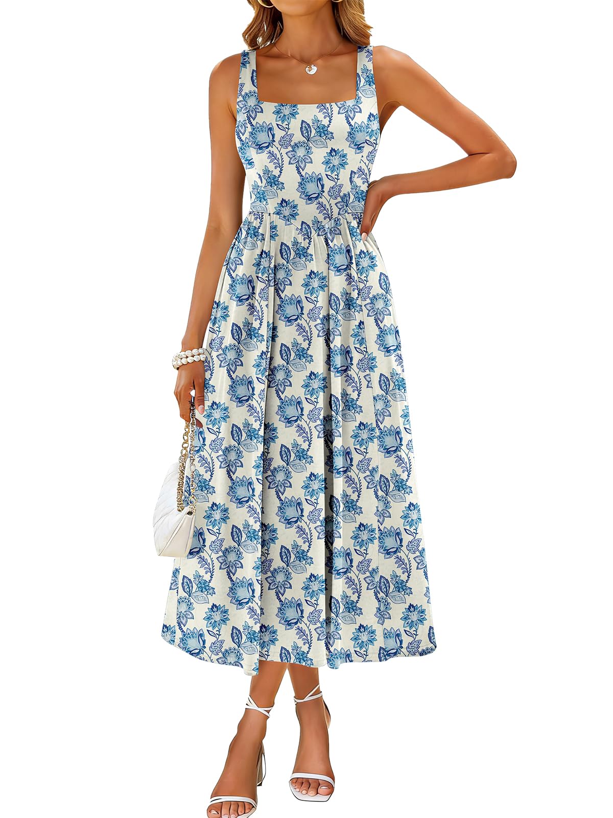 Sureple Midi Dresses for Women 2026 Spring Square Neck Tank Sleeveless A Line Casual Summer Sundresses with Pockets
