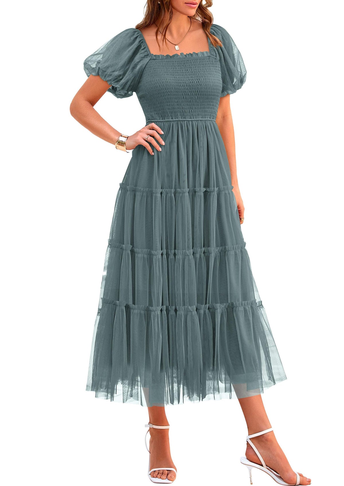 PRETTYGARDEN Women's Summer Smocked Midi Tulle Dress