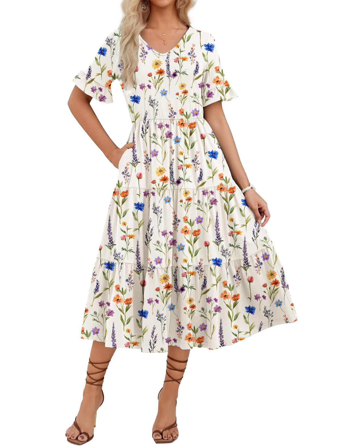 ZEAGOO Women's Summer Dresses Midi Tiered Casual Dress Floral V Neck Ruffle Short Sleeve Flowy Beach Dress with Pockets