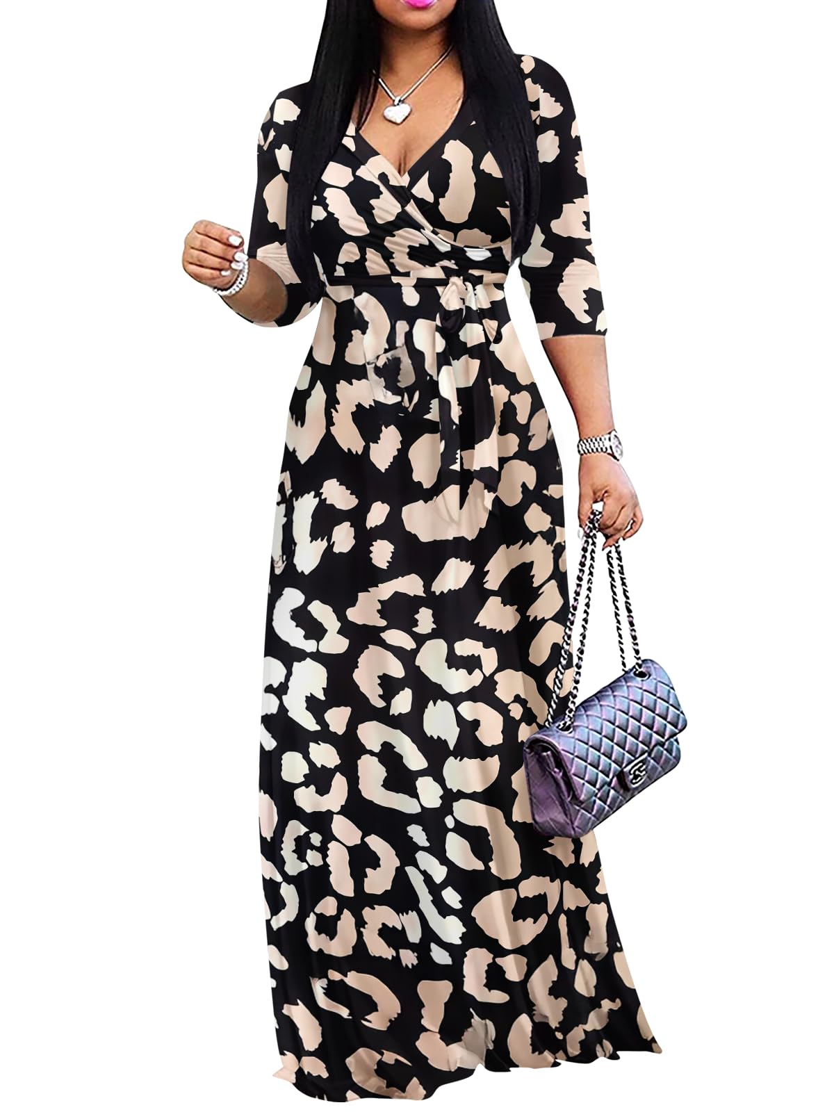 Yajedo Womens Casual Summer Maxi Dress Plus Size Sexy Wrap V Neck 3/4 Sleeve Sundress with Pockets