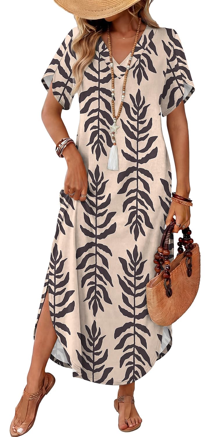 WIHOLL Summer Dresses for Women Short Sleeve Maxi Dresses V Neck Sundress with Side Slit Pockets Casual Beach Dress