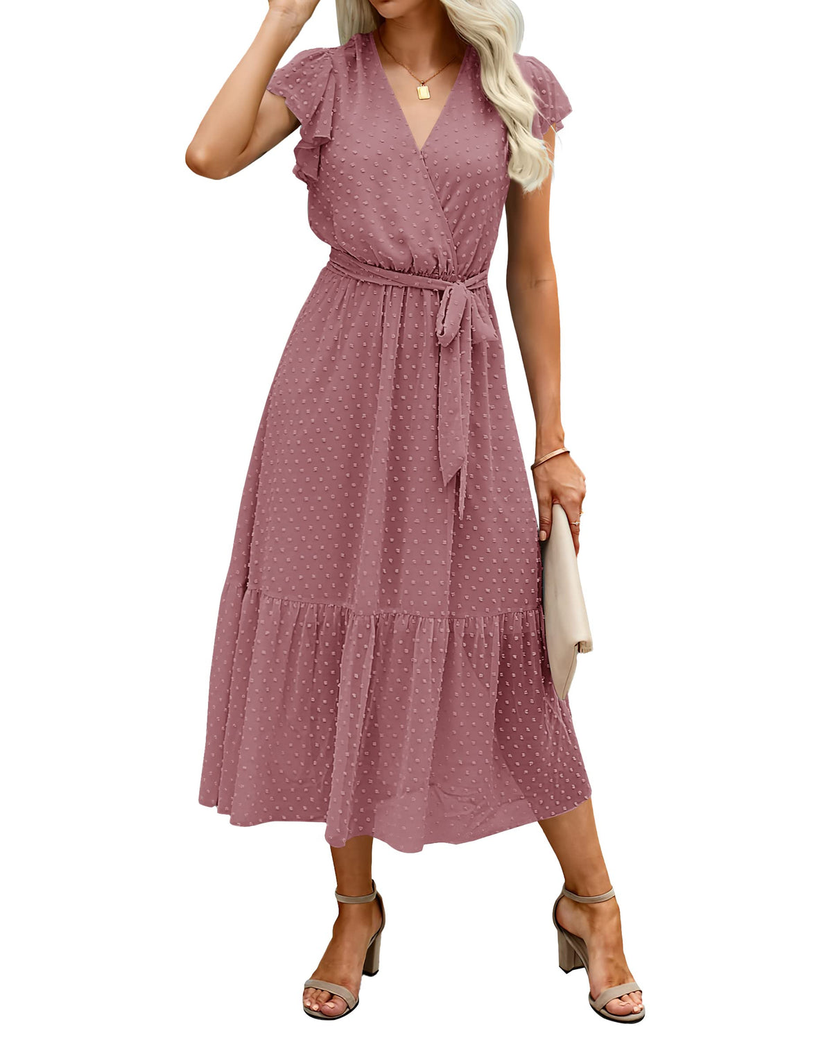 BTFBM Women Summer Casual Wrap V Neck Ruffle Cap Sleeve Belted Midi Dress