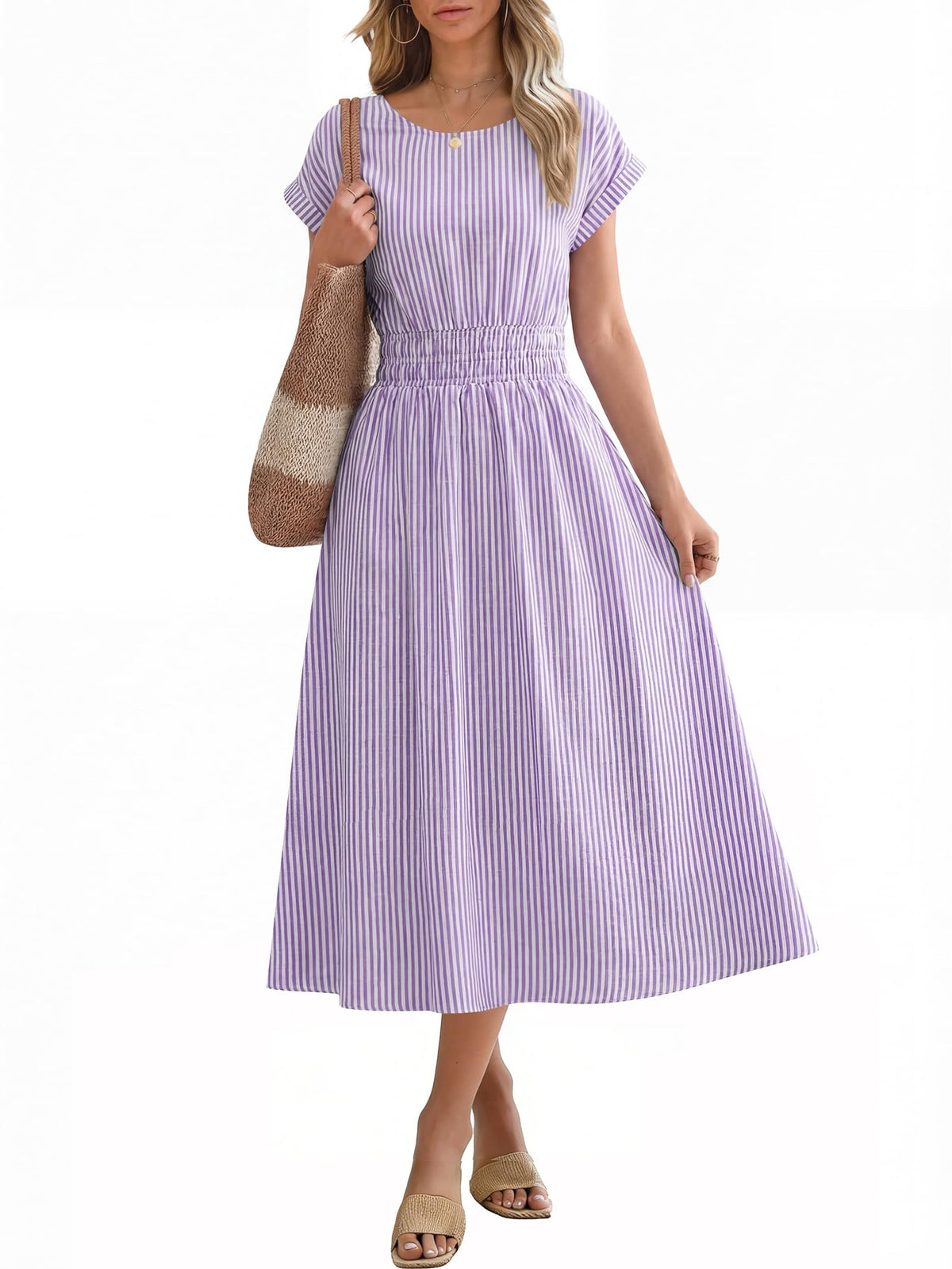 ANRABESS Womens Summer Midi Dress Striped Casual Short Sleeve Crewneck Elastic Waist 2026 Flowy Long Beach Dress with Pockets