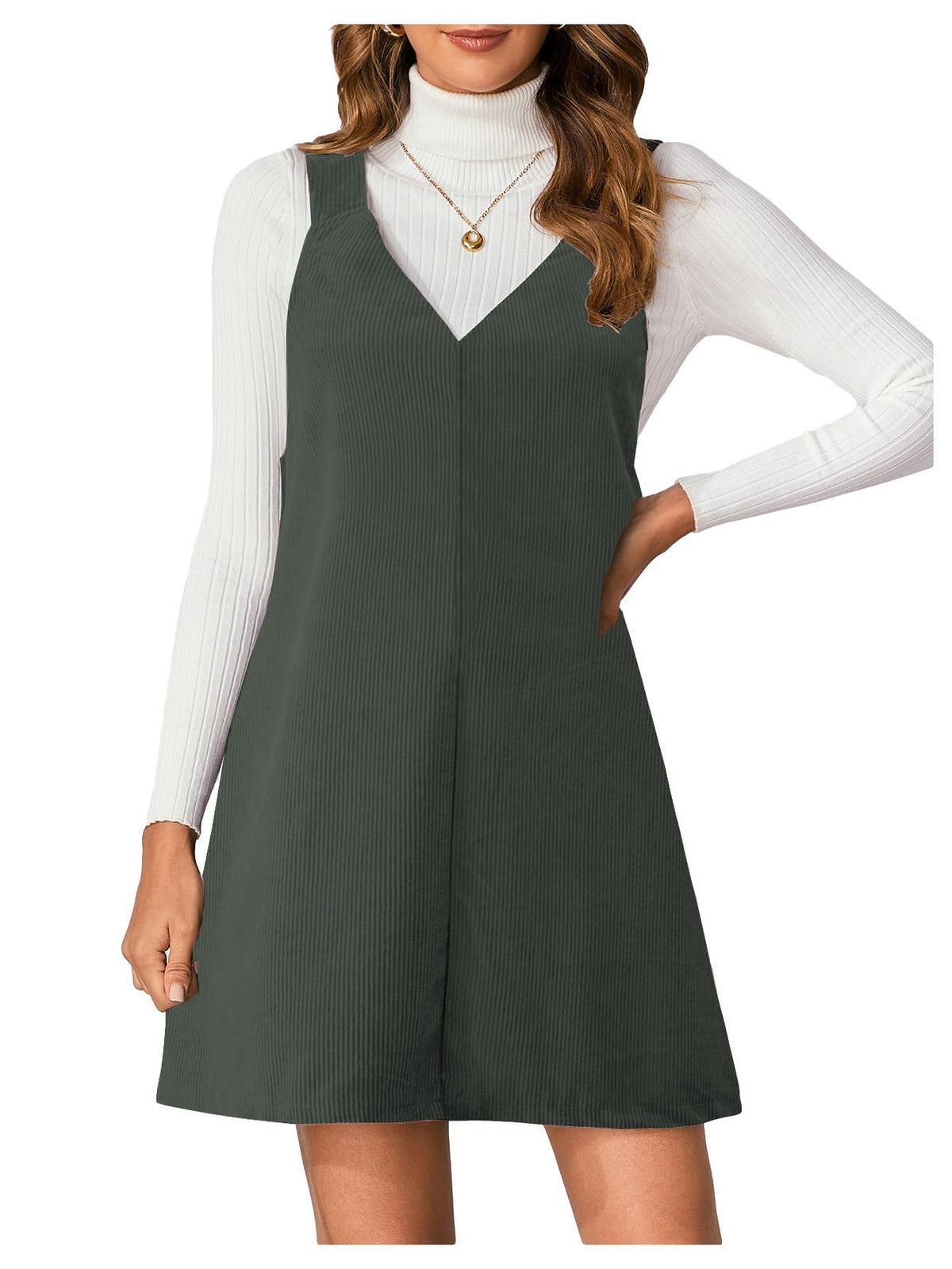 Milumia Women's V Neck Corduroy Overall Dress Mini Pinafore Jumper Dress