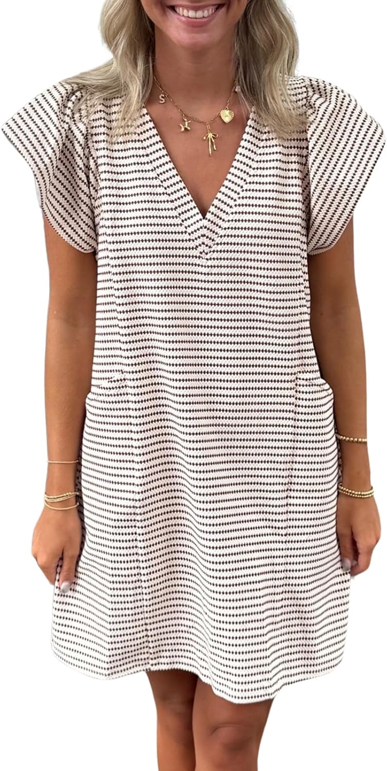 Mieazom Striped V-Neck Mini Dress for Women Puff Sleeve Casual Dress with Pockets, Comfortable & Stylish for Summer
